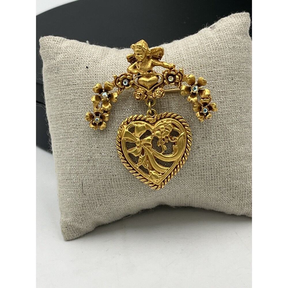 Kirks Folly Gold Tone Floral Angel Cherub Heart Crystal Pin Brooch